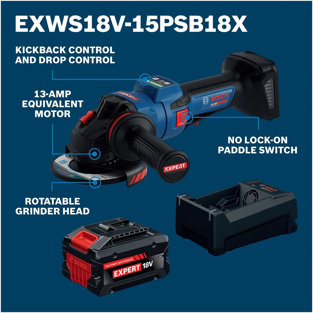 Bosch EXWS18V-15PSB18X EXPERT 18V 5" to 6" Brushless Angle Grinder Kit with No Lock-On Paddle Switch and 8.0 Ah Battery with Multi-Voltage Charger