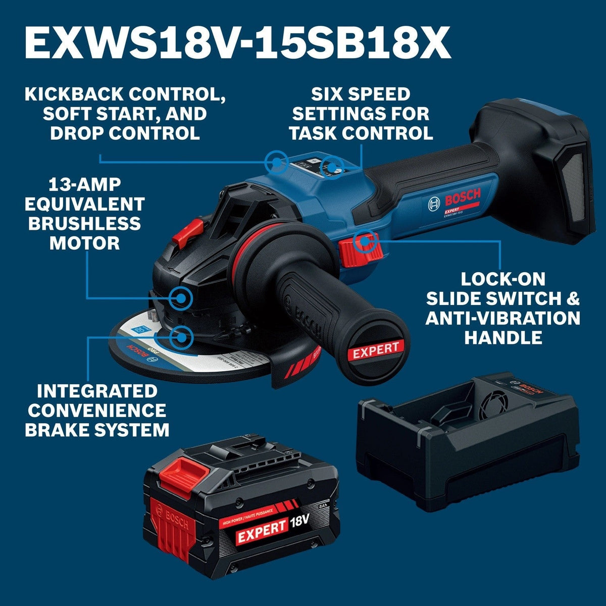 Bosch EXWS18V-15SB18X 18V 5" to 6" Brushless Angle Grinder Kit with 8 Ah Battery and Charger