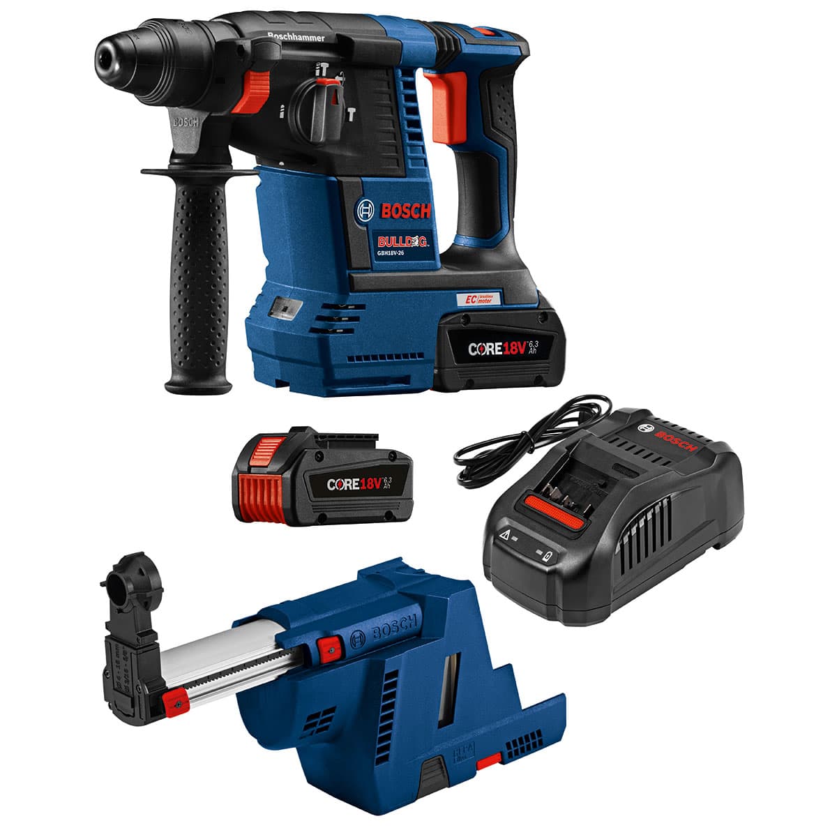 Bosch GBH18V-26K24AGDE 18V Brushless SDS-plus 1" Rotary Hammer Kit with Dust-Collection Attachment and CORE18V 8.0 Ah Batteries