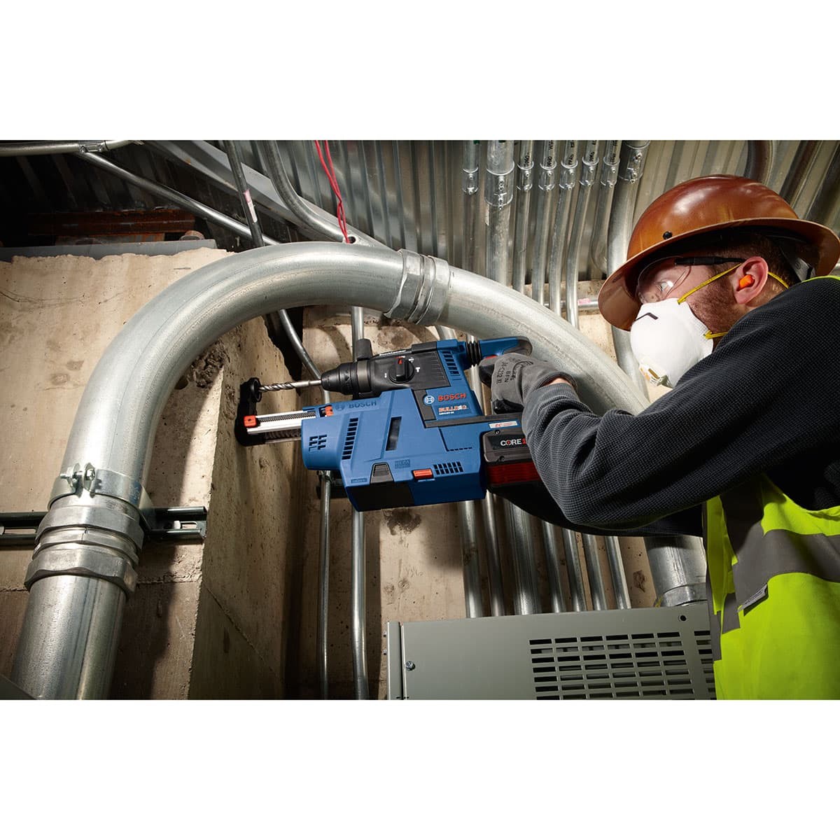 Bosch GBH18V-26K24AGDE 18V Brushless SDS-plus 1" Rotary Hammer Kit with Dust-Collection Attachment and CORE18V 8.0 Ah Batteries