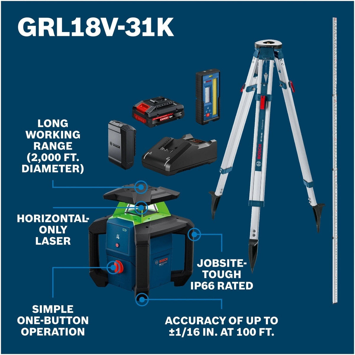 Bosch GRL18V-31K 18V Green Beam Horizontal Rotary Laser Kit with Carrying Case