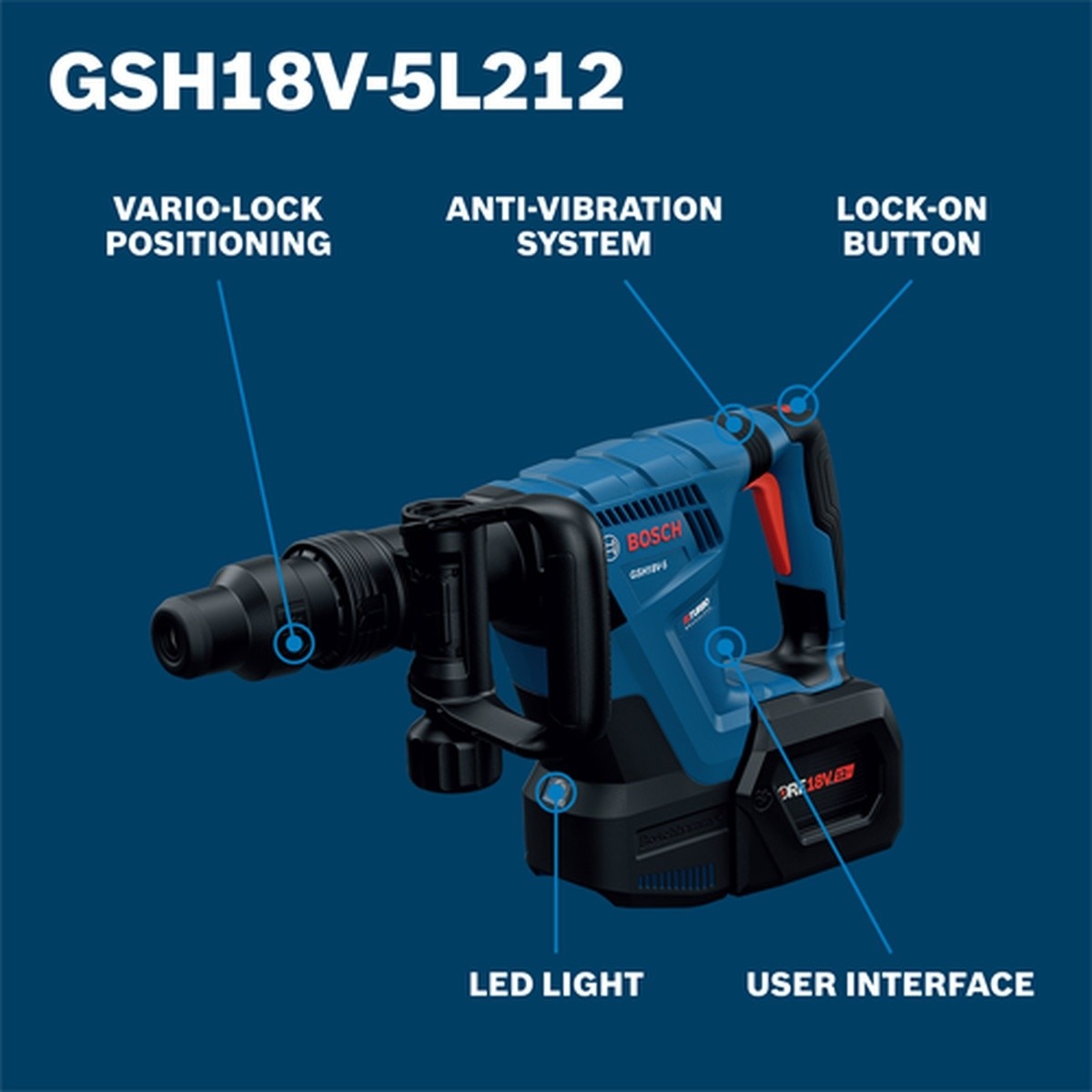 Bosch GSH18V-5L212 18V SDS-max Demolition Hammer Kit with L-BOXX-2 Case (2 Batteries, 1 Charger)