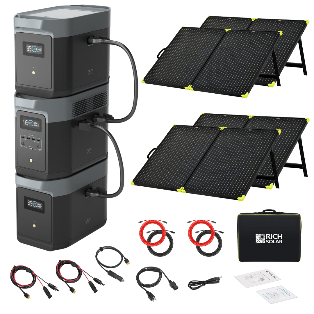 EcoFlow Delta 2 Max With 2 Extra Batteries 6144Wh 2400W LiFePO4 Solar Generator + 200W Portable Monocrystalline Solar Panels Kit