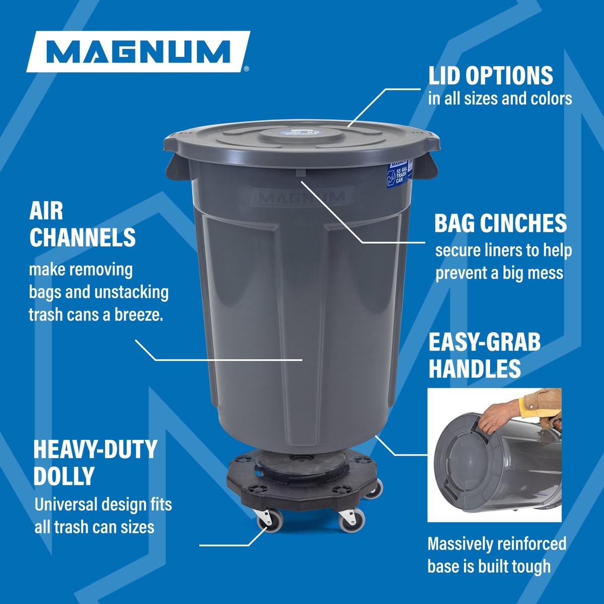 Magnum Tool CMTC-K-55G Magnum Pro Series 55 Gallon Plastic Trash Can Grey with Lid and Dolly (48 Set Pallet)