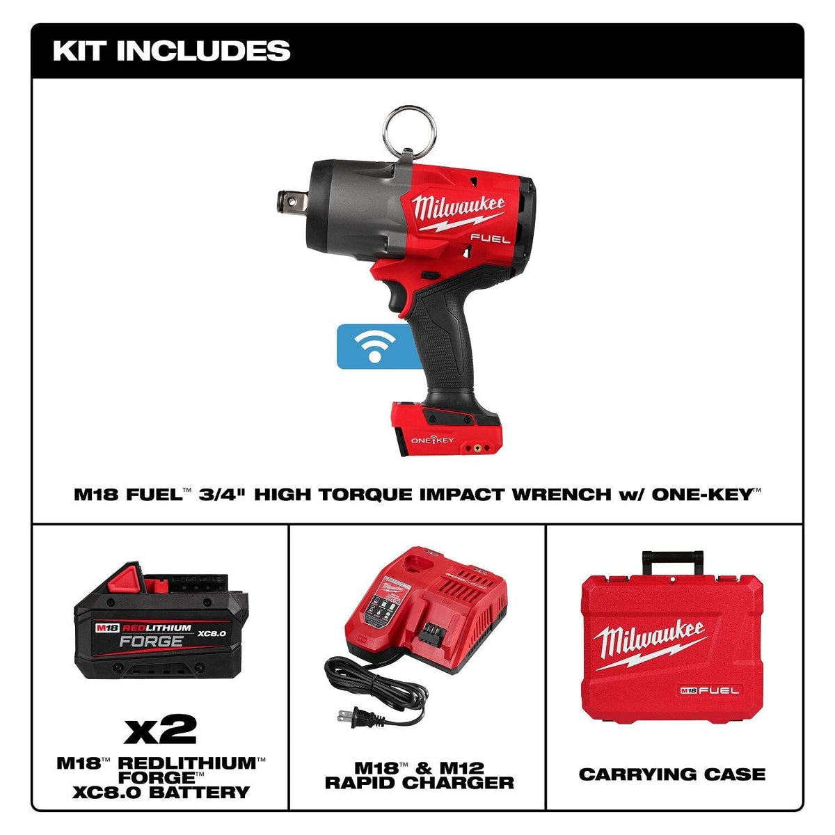 Milwaukee 2964-22 M18 FUEL 3/4" High Torque Impact Wrench Kit with ONE-KEY (2 Batteries)