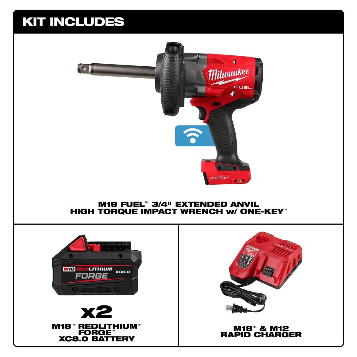 Milwaukee 2969-22 18V 3/4" Extended Anvil High Torque Impact Wrench Kit with ONE-KEY (2 Batteries, 1 Charger)
