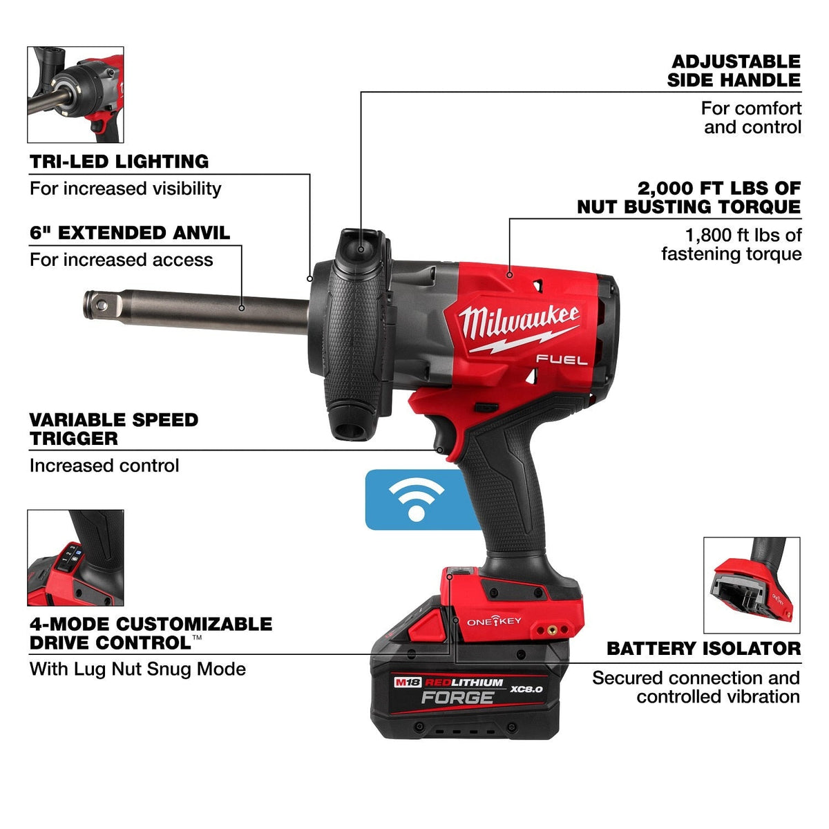 Milwaukee 2969-22 18V 3/4" Extended Anvil High Torque Impact Wrench Kit with ONE-KEY (2 Batteries, 1 Charger)