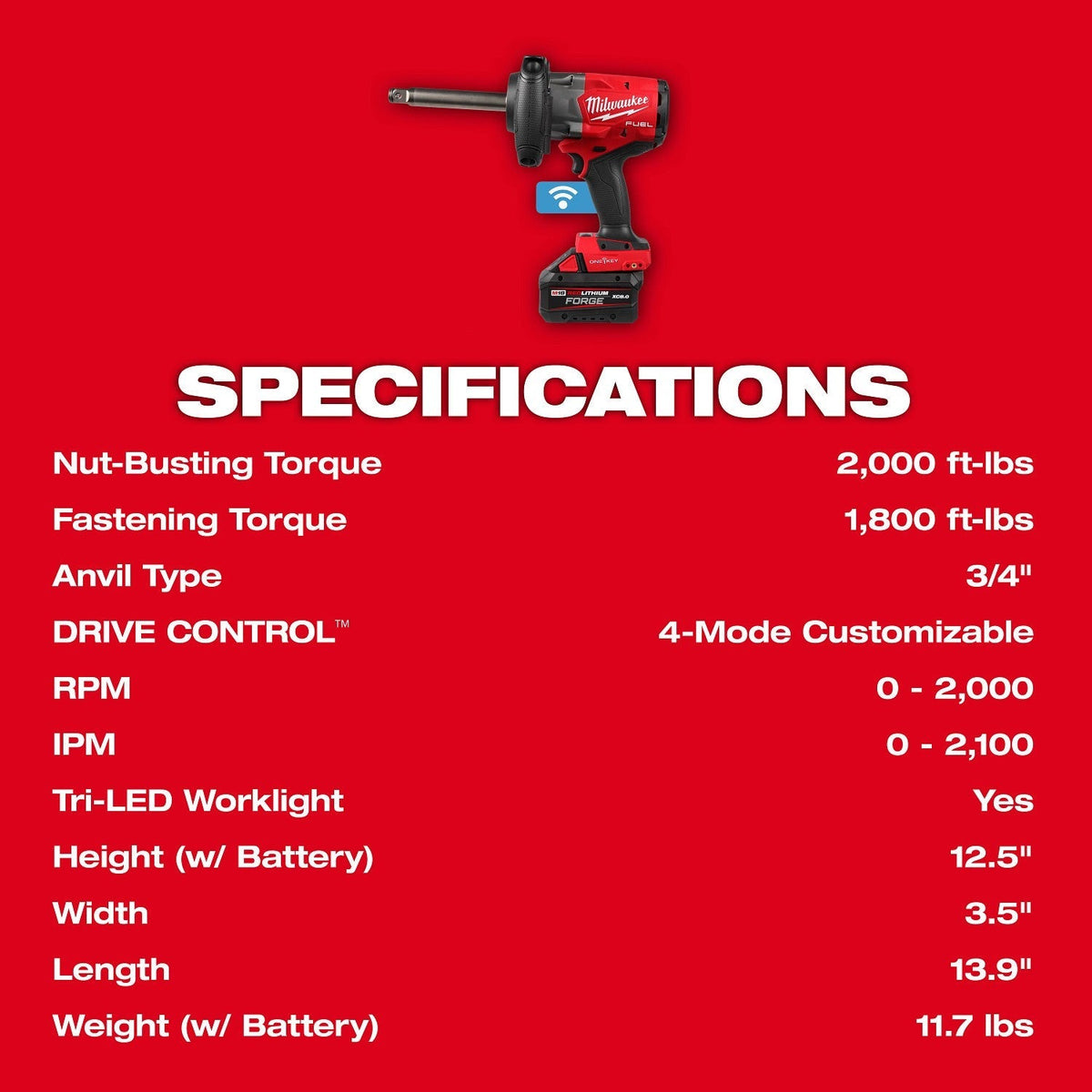 Milwaukee 2969-22 18V 3/4" Extended Anvil High Torque Impact Wrench Kit with ONE-KEY (2 Batteries, 1 Charger)