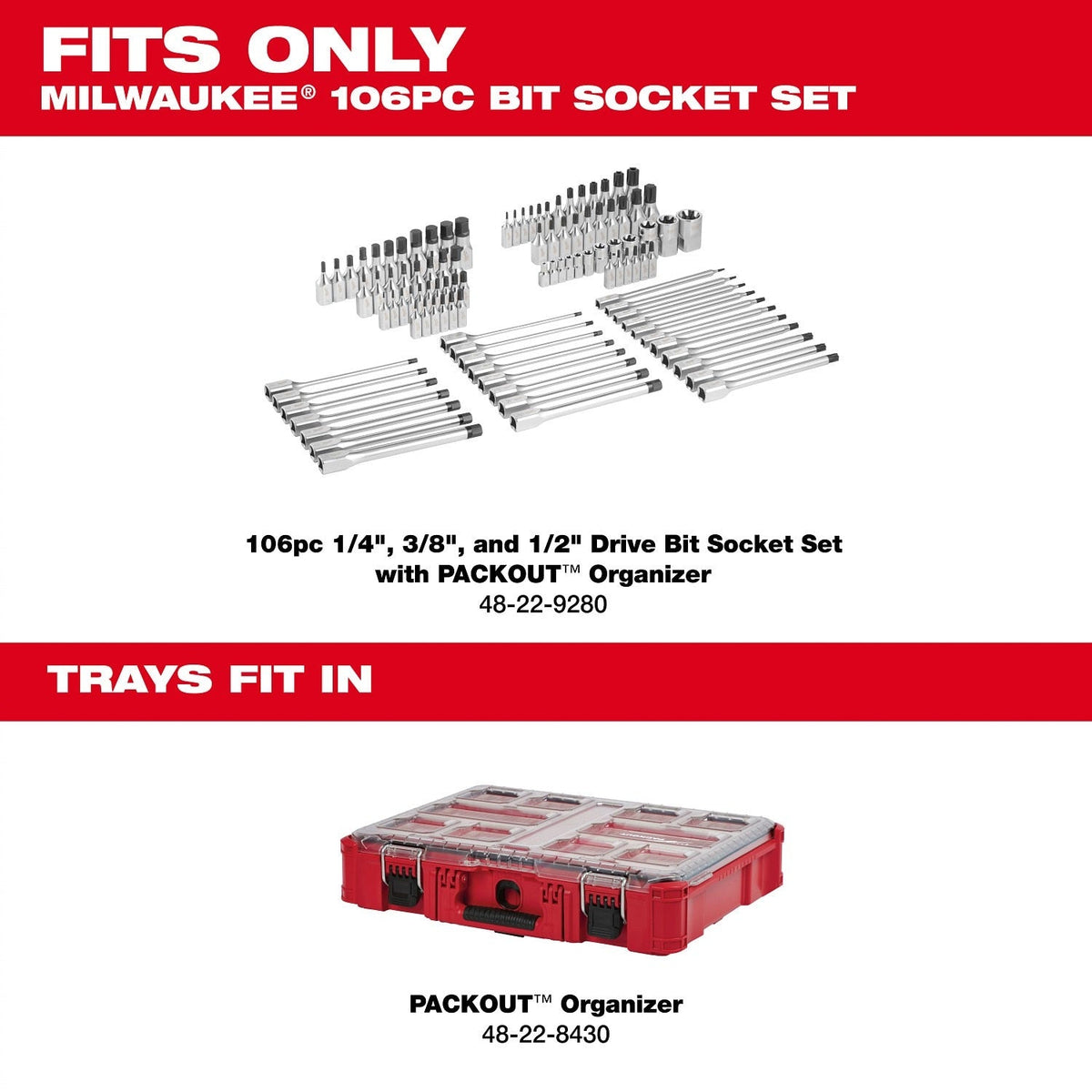 Milwaukee 48-22-9280 1/4"  3/8" 1/2" Drive Bit Socket Set with PACKOUT Organizer (106-Piece)