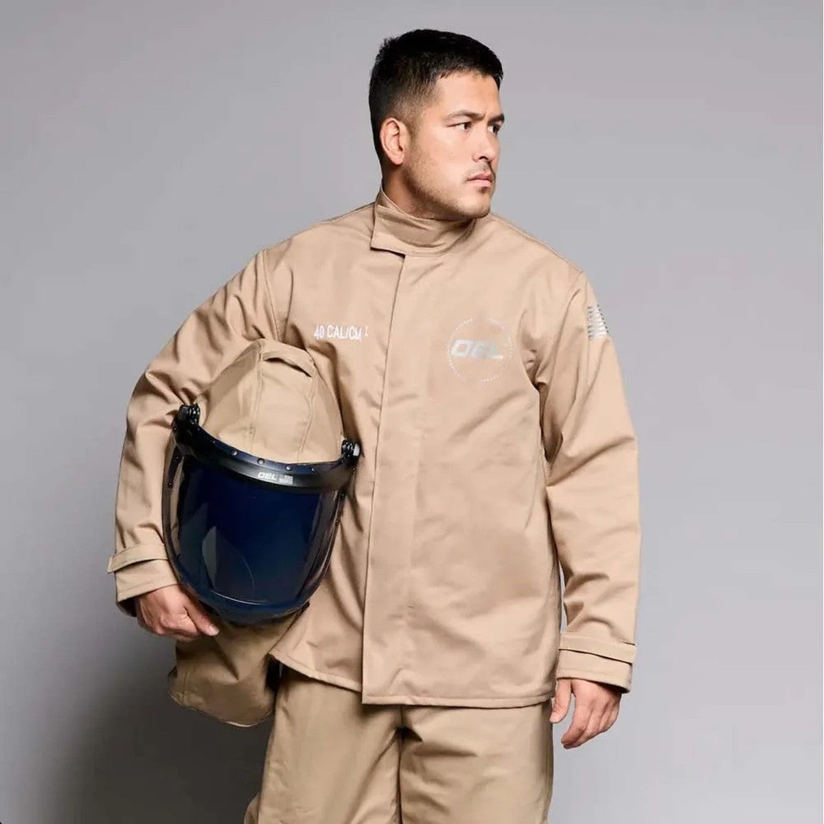 OEL Industries AFW40LF-FL-KFJB-L 40 Cal Arc Flash Jacket and Bib Kit with Lift Front Hood Dual Lights and Single Fan Khaki Large