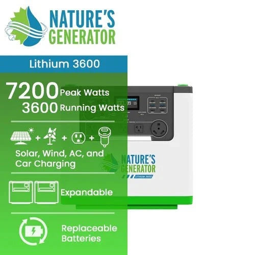 Natures Generator 2 x Lithium 3600 With Power Pods + Combiner (7.2kW/12.2kWh)