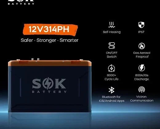 SOK Battery 12V 314Ah Lithium Iron Phosphate Battery With Built-in Heater & Bluetooth