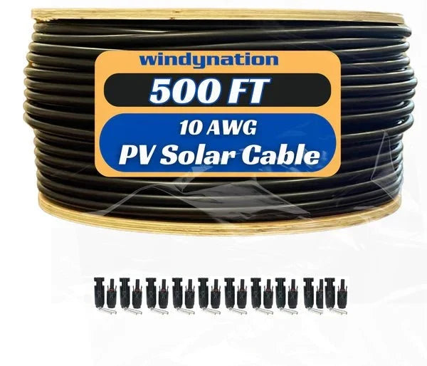 WindyNation 500 Foot Spool 10 Gauge 10 AWG Black Pure Copper Solar Panel Extension Cable Wire
