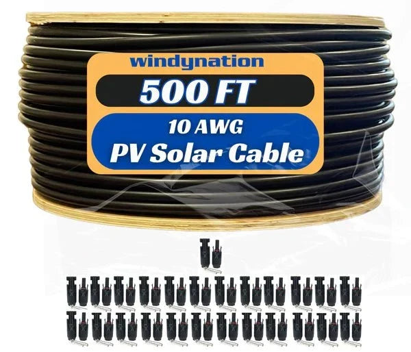 WindyNation 500 Foot Spool 10 Gauge 10 AWG Black Pure Copper Solar Panel Extension Cable Wire