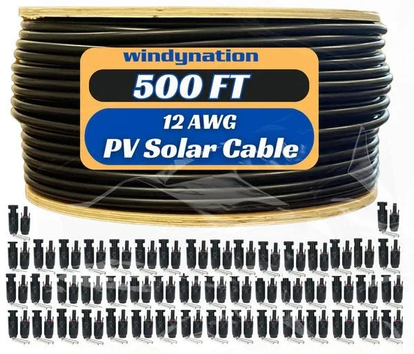 WindyNation 500 Foot Spool 12 Gauge 12 AWG Black Pure Copper Solar Panel Extension Cable Wire